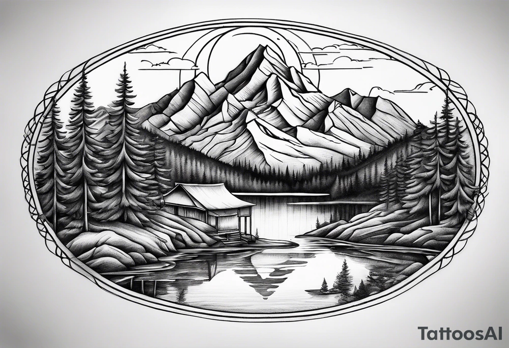 mountains, lake, yurt, sun, road tattoo idea
