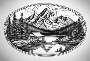 mountains, lake, yurt, sun, road tattoo idea