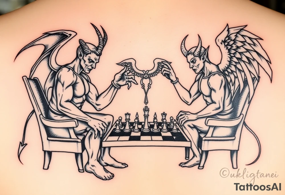 devil and angel playing chess. Make them seem like people and not animals. Sitting on chairs with an angel watching, multiple chess pieces visible on board tattoo idea
