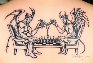 devil and angel playing chess. Make them seem like people and not animals. Sitting on chairs with an angel watching, multiple chess pieces visible on board tattoo idea