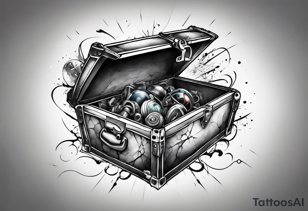 Toy box locked with colors bursting out through the cracks/sides tattoo idea