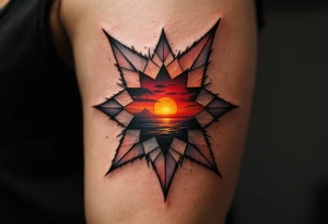 A gradient sunset-colored eight-pointed star tattoo blends warmth, energy, and vitality. tattoo idea