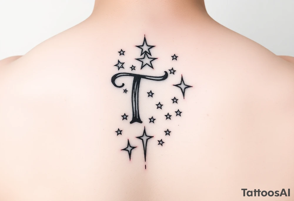 “T” in writing on hand with stars tattoo idea