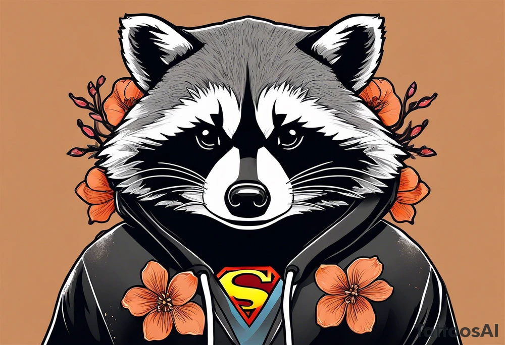 Raccoon wearing a white Superman logo on a black hoodie and orange Japanese cherry blossoms beside tattoo idea