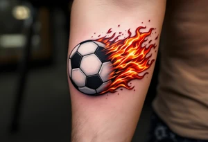 A realistic black and white soccer ball with fiery orange and red flames trailing behind it. tattoo idea
