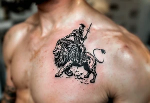 African warrior riding on top of lion into battle tattoo idea