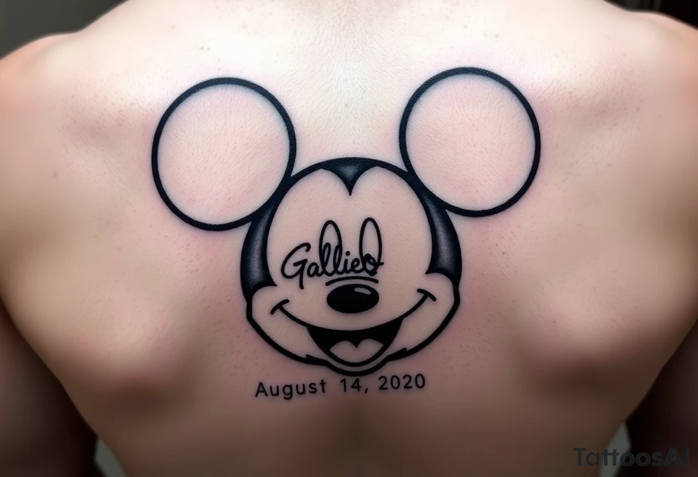 mickey mouse symbol with the name Galileo and the date August 14,2020, incorporated tattoo idea