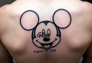 mickey mouse symbol with the name Galileo and the date August 14,2020, incorporated tattoo idea