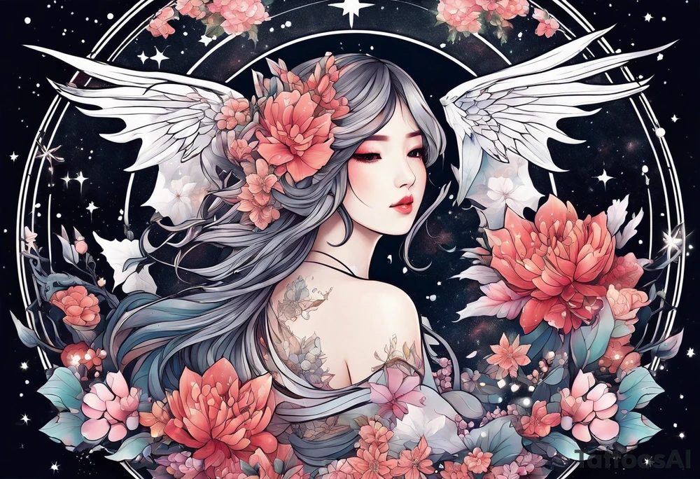 Constellation, wing , snow , cross , dragon female japan kawaii , flower tattoo idea