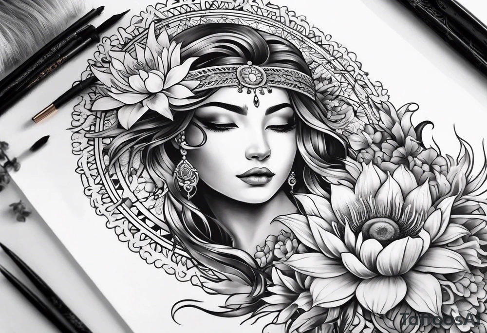 Feminine sleeve tattoo, tribal, bohemian, negative lace, ancient symbolism with Phoenix rising, mandala sun, beautiful flowers, lilies tattoo idea