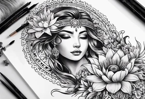 Feminine sleeve tattoo, tribal, bohemian, negative lace, ancient symbolism with Phoenix rising, mandala sun, beautiful flowers, lilies tattoo idea
