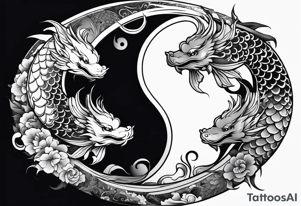 powerful ying Yang symbol made of koi fish and dragons tattoo idea