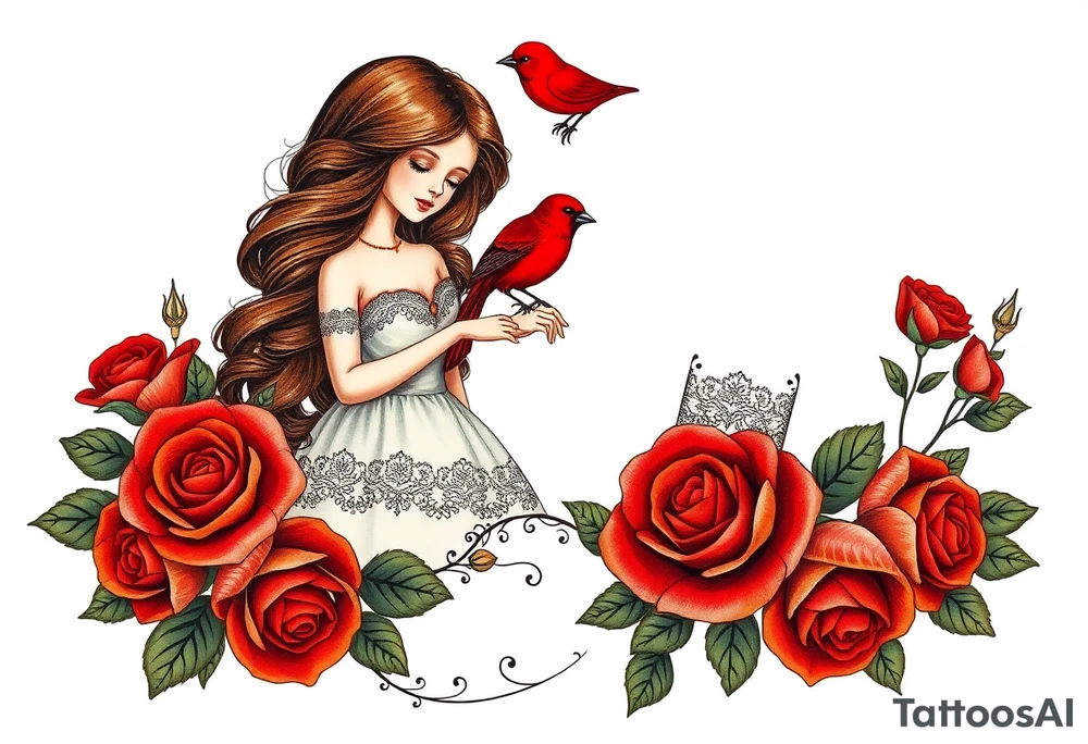 Vintage dollies, red roses, lace, red bird, vintage, wrap around, tighter together, no space open tattoo idea