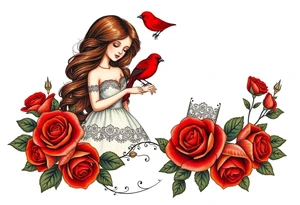 Vintage dollies, red roses, lace, red bird, vintage, wrap around, tighter together, no space open tattoo idea