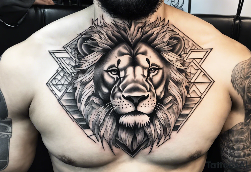 Chest piece with a lion standing over a crowd of angles tattoo idea