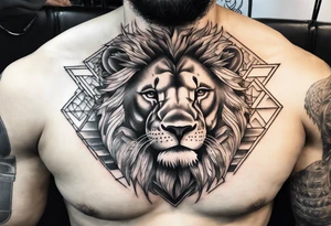 Chest piece with a lion standing over a crowd of angles tattoo idea