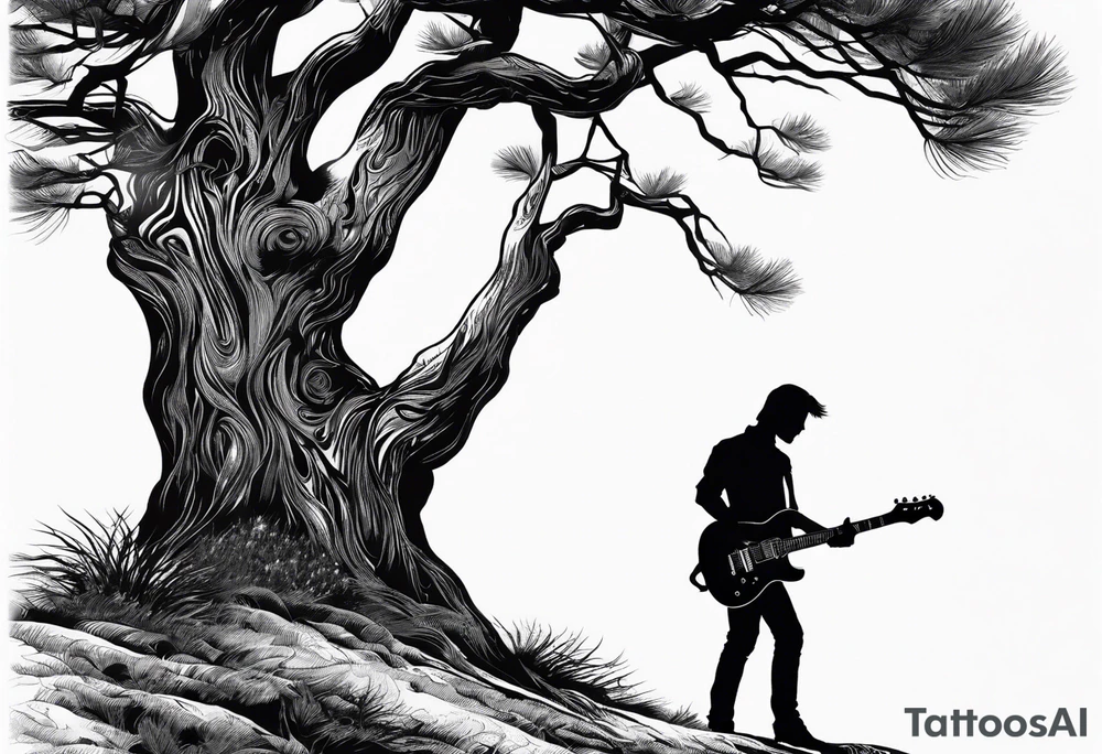 silhouette of a man standing under a pine tree playing electric guitar tattoo idea