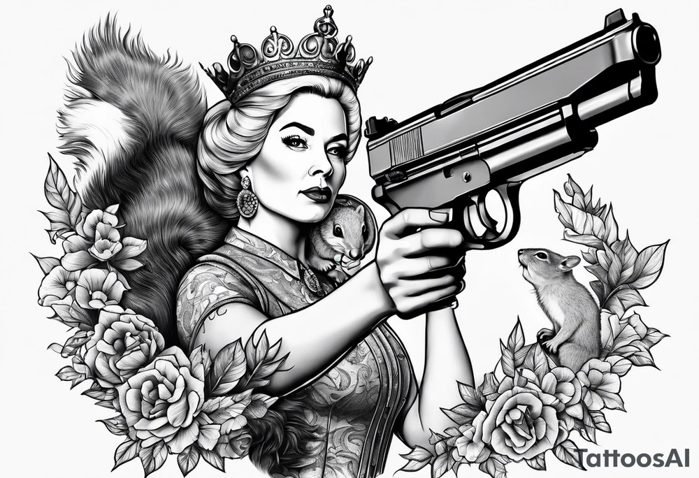 the queen of england shooting a pistol at a squirrel tattoo idea