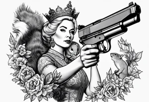 the queen of england shooting a pistol at a squirrel tattoo idea