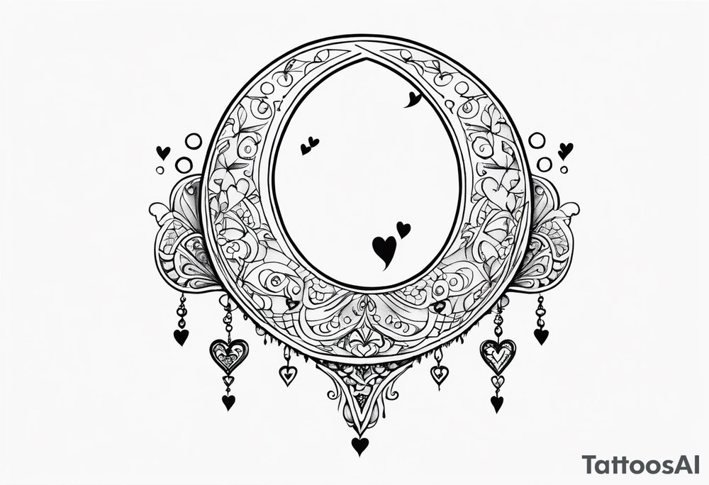 Crescent moon with hearts dangling from the bottom of it tattoo idea