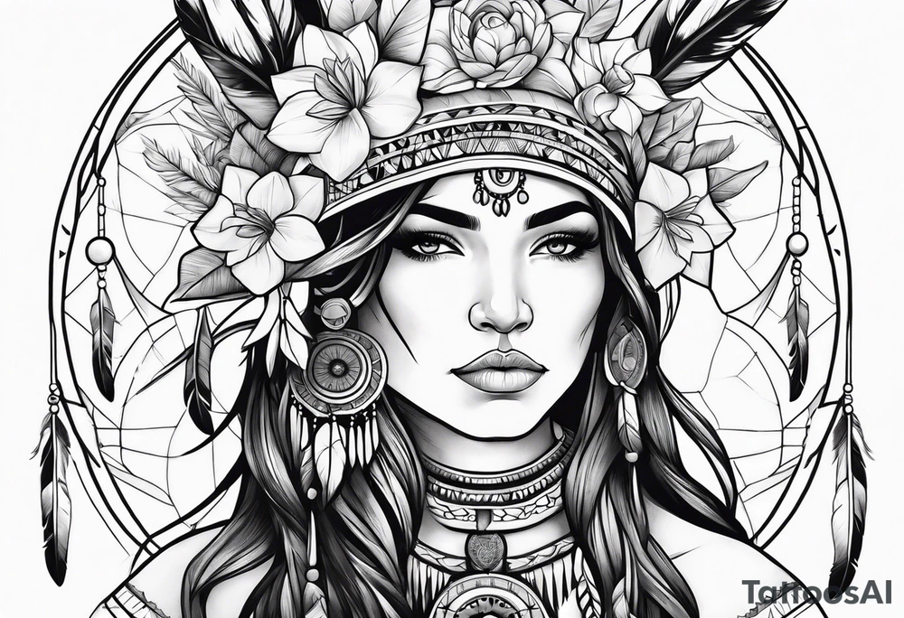 Native american girl, Taurus, flowers, dream catcher tattoo idea