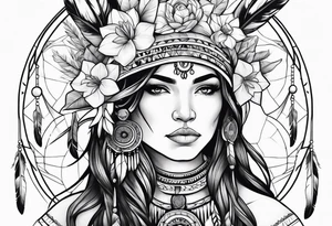 Native american girl, Taurus, flowers, dream catcher tattoo idea