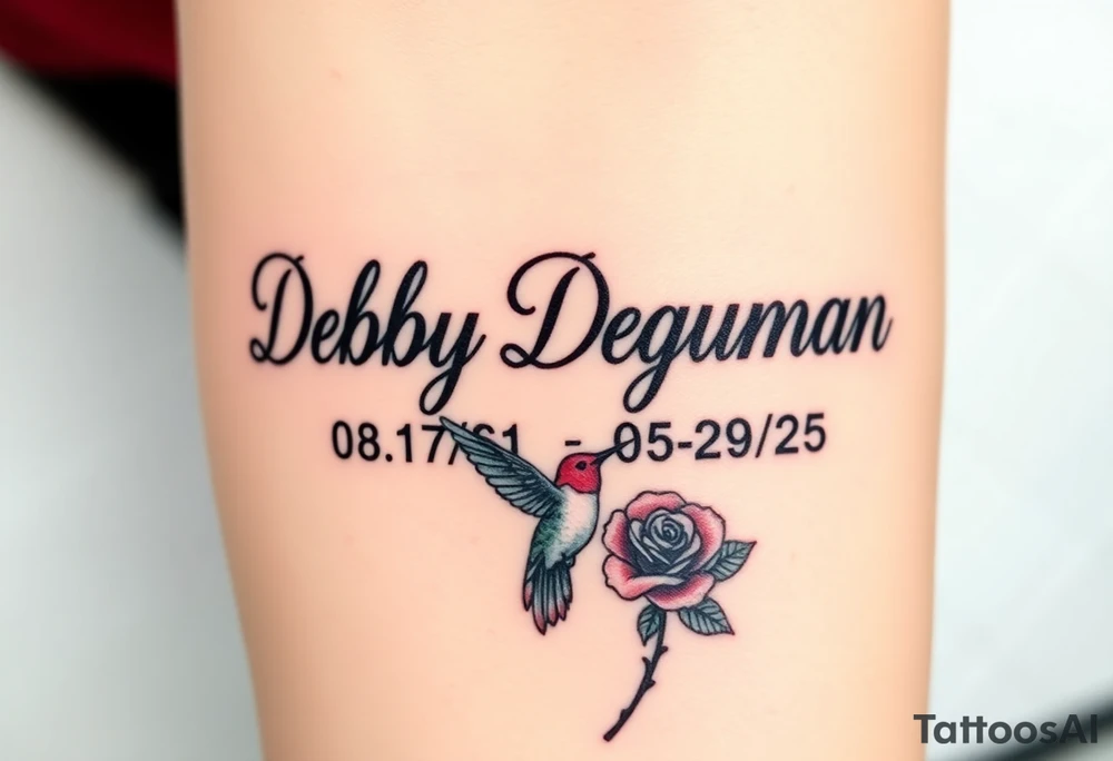 Tattoo of the name Debby Deguzman in chunky bold curly cursive with the exact dates of 08/17/61-05/29/25 surrounded by a hummingbird and a rose tattoo idea
