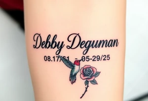 Tattoo of the name Debby Deguzman in chunky bold curly cursive with the exact dates of 08/17/61-05/29/25 surrounded by a hummingbird and a rose tattoo idea