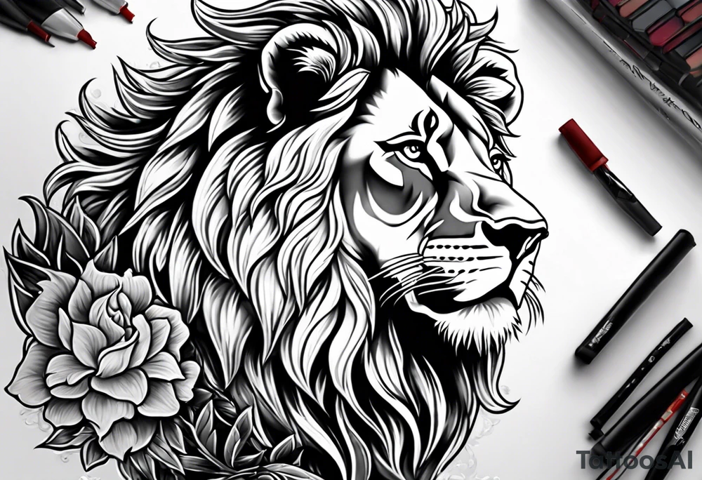 A lion surrounded by fire in full color tattoo idea