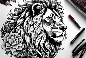 A lion surrounded by fire in full color tattoo idea
