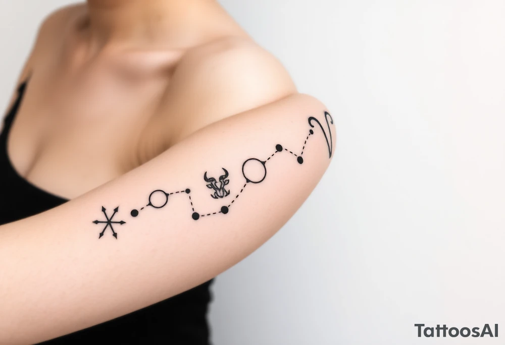 constellation tattoo with libra, cancer, Taurus, 2 scorpio and capricorn stars only tattoo idea