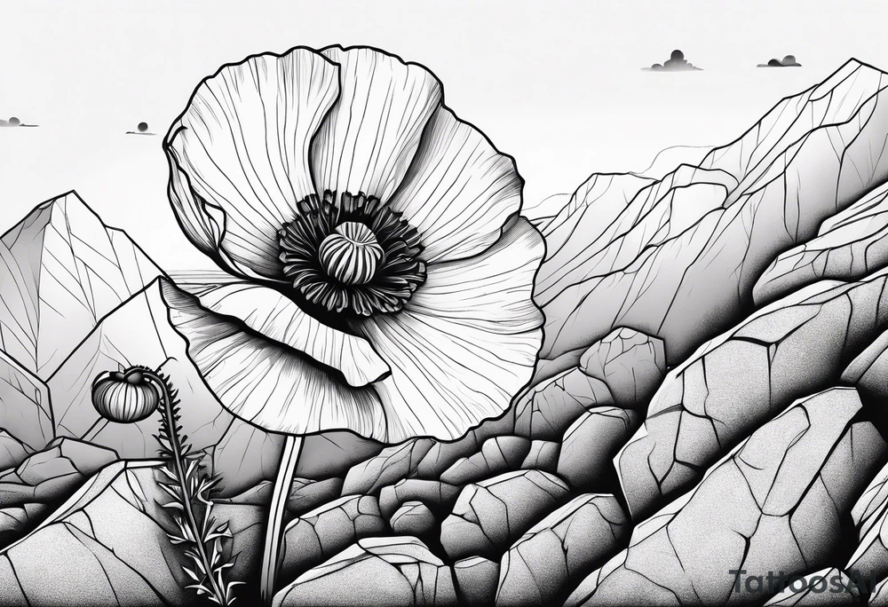 Poppy plant breaking through rock ground tattoo idea