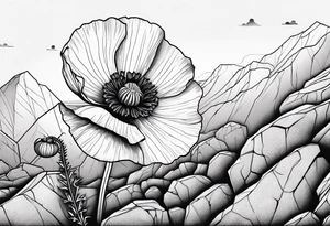 Poppy plant breaking through rock ground tattoo idea