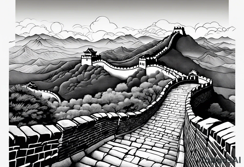 Great Chinese wall, realistic, art, gezeichnet, fine line tattoo idea