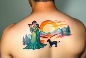 Family 2 parents, 1 baby boy in his mother’s arms, one 3-year girl holding the hand of the father and the mother and one black dog walking through the the sunset and mountains tattoo idea