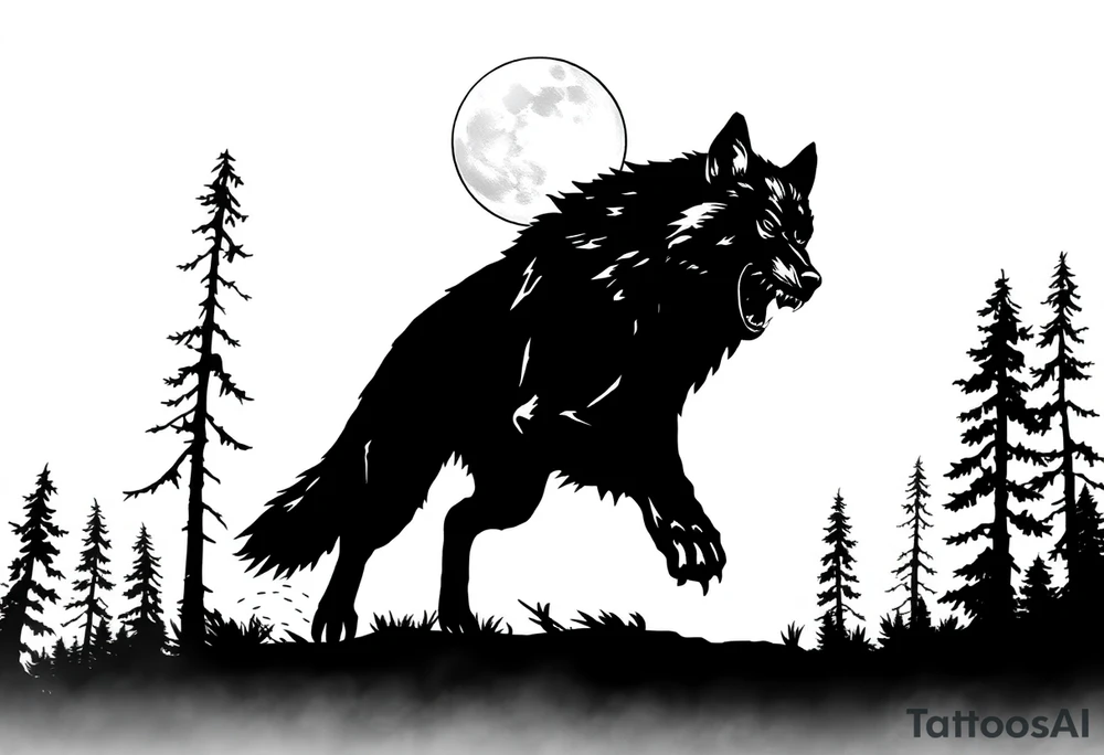 Silhouette of a werewolf running through a forest under a moonlit sky. tattoo idea