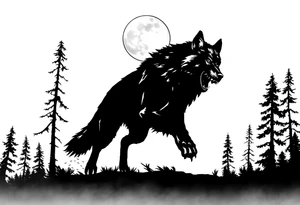 Silhouette of a werewolf running through a forest under a moonlit sky. tattoo idea