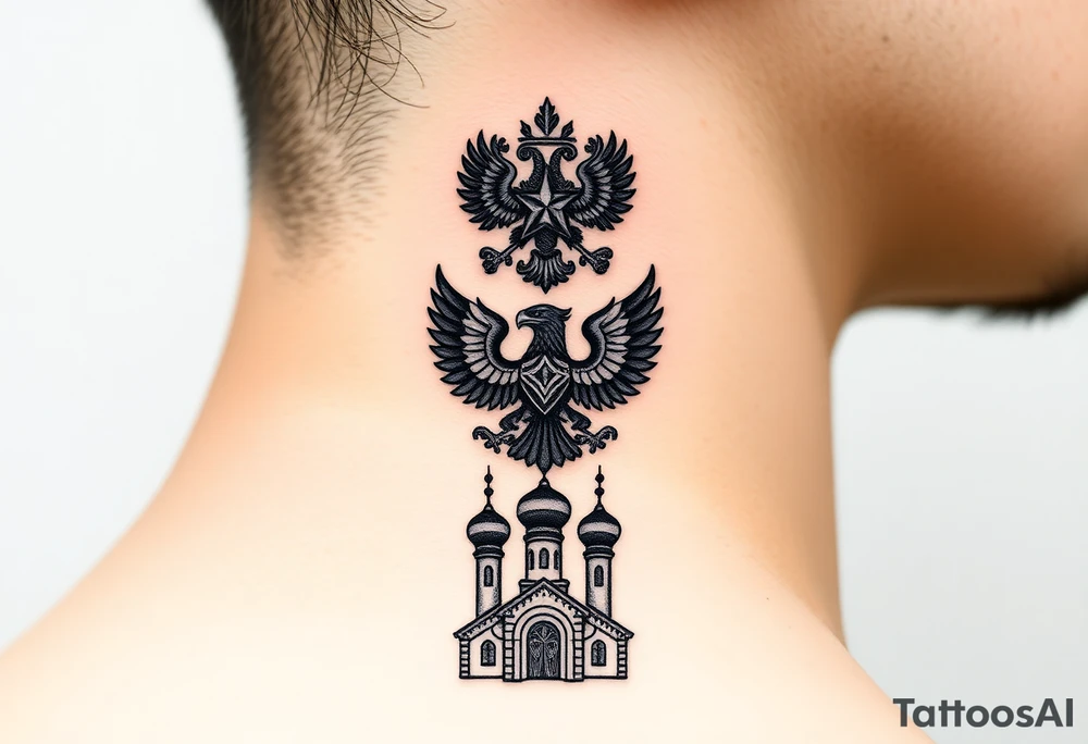 Stacked Vertical Column 

Russian star — bold
Middle: double-headed eagle — simplified, cleaner lines to suit the smaller space
Bottom: Orthodox church dome(s) & a Virgin Mary silhouette beneath tattoo idea