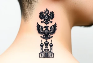 Stacked Vertical Column 

Russian star — bold
Middle: double-headed eagle — simplified, cleaner lines to suit the smaller space
Bottom: Orthodox church dome(s) & a Virgin Mary silhouette beneath tattoo idea