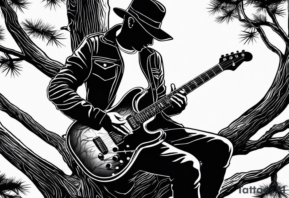 silhouette of a man sitting in a pine tree playing electric guitar tattoo idea