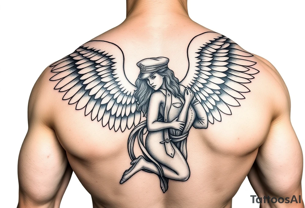 Muscular male guardian angel carrying female officer in the United States coast guard tattoo idea