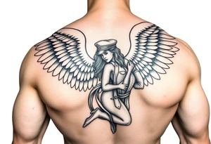 Muscular male guardian angel carrying female officer in the United States coast guard tattoo idea