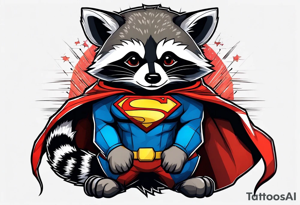 raccoon wearing a Superman hoodie tattoo idea