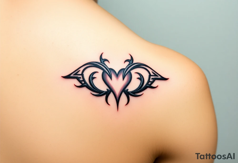 A bold tribal-style infinity symbol with sharp geometric patterns and heart, in black ink with subtle red accents tattoo idea
