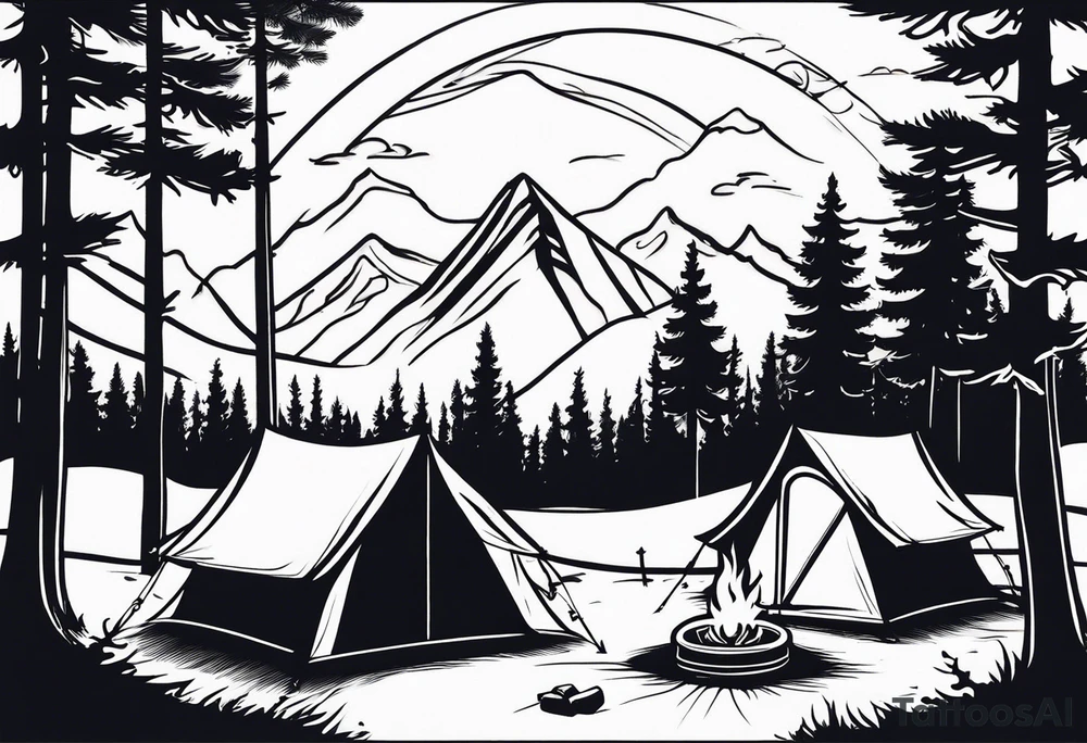 Campground with a small tent and small fire pit with smoke going into the sky. Forest of trees surrounding it with 3 large pine trees being the focus in the background. tattoo idea