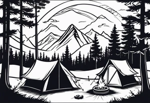 Campground with a small tent and small fire pit with smoke going into the sky. Forest of trees surrounding it with 3 large pine trees being the focus in the background. tattoo idea