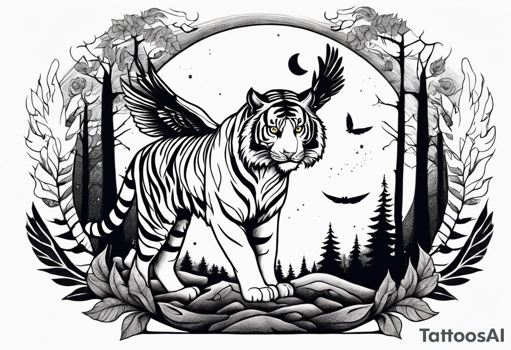 Tiger with wings hunting flying owl full moon forest tattoo idea