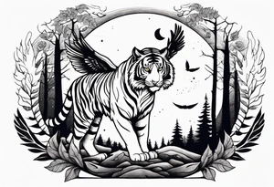Tiger with wings hunting flying owl full moon forest tattoo idea