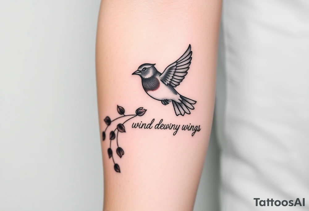 Soaring robin with trail of red rose petals with writing saying wind beneath my wings tattoo idea
