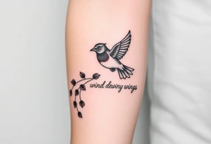 Soaring robin with trail of red rose petals with writing saying wind beneath my wings tattoo idea